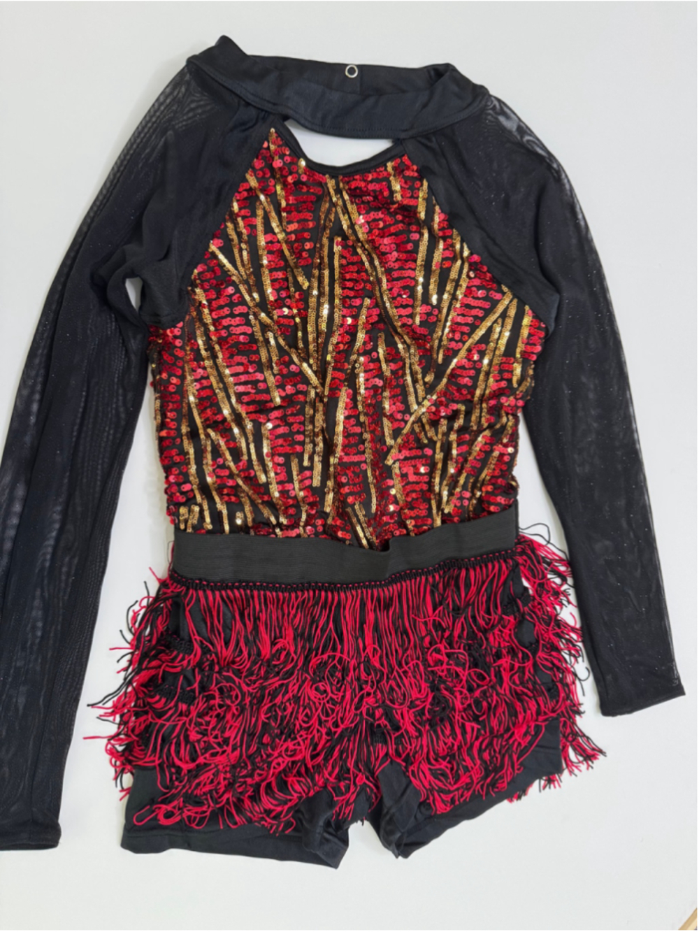 Women's Weissman Dance Costume Leotard Black Red Sequin Fringe Adult S
